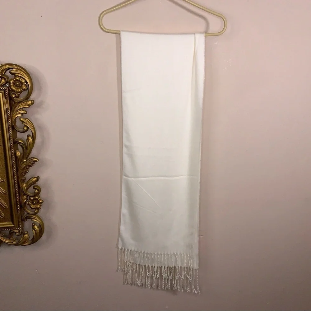 Soft Ivory Knit Scarf With Fringe Unisex Neutral